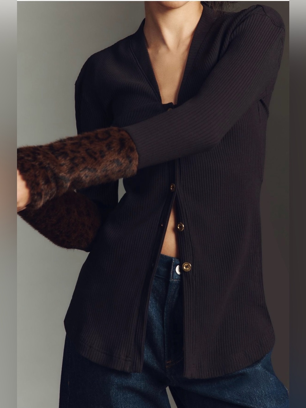 Anthropologie Maeve Faux Fur Cuff Button-Front Top
